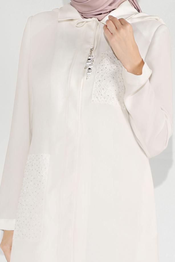 Vêtements hijab CRÈME TRENCH À CAPUCHE BRODÉ 10194 - TRENDTESETTÜR