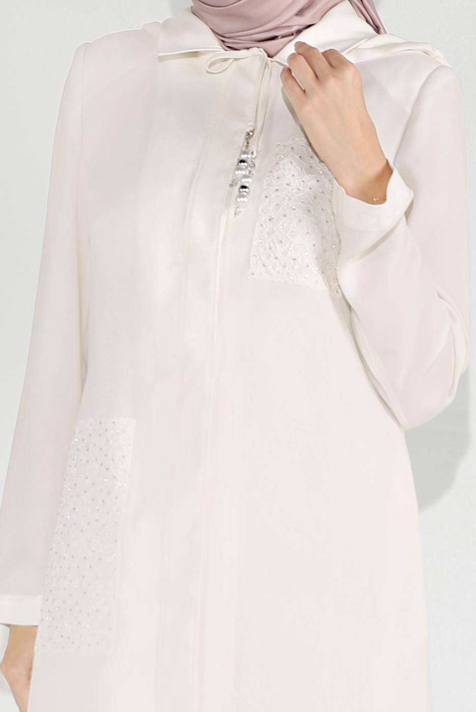 Hijab clothing CREAM EMBROIDERED HOODED TRENCH COAT 10194  