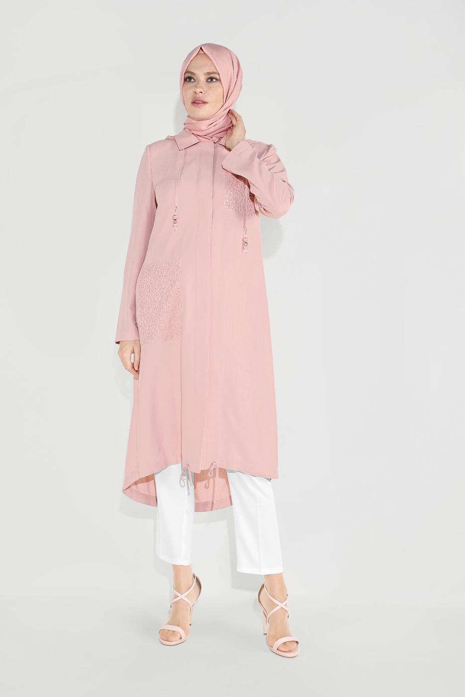 Hijab clothing POWDER EMBROIDERED HOODED TRENCH COAT 10194  