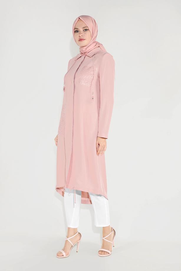 Vêtements hijab POUDRE TRENCH À CAPUCHE BRODÉ 10194 - TRENDTESETTÜR