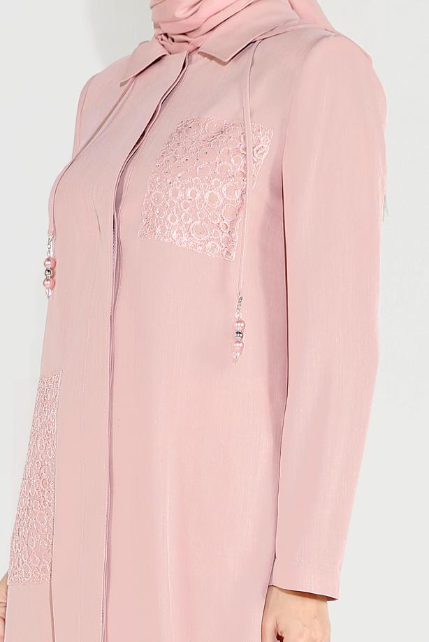 Vêtements hijab POUDRE TRENCH À CAPUCHE BRODÉ 10194 - TRENDTESETTÜR