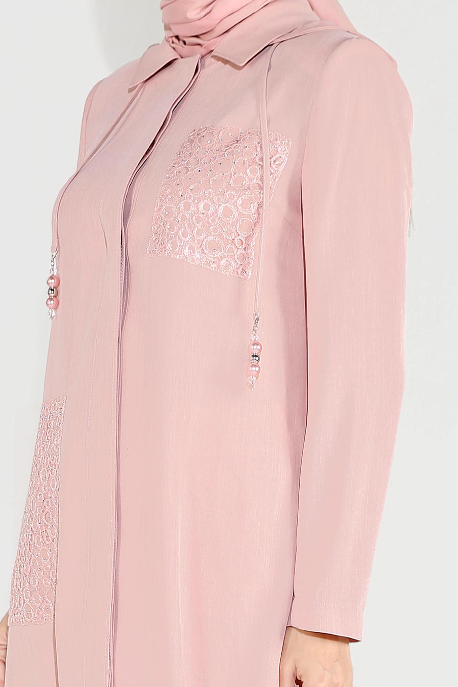 Hijab clothing POWDER EMBROIDERED HOODED TRENCH COAT 10194  