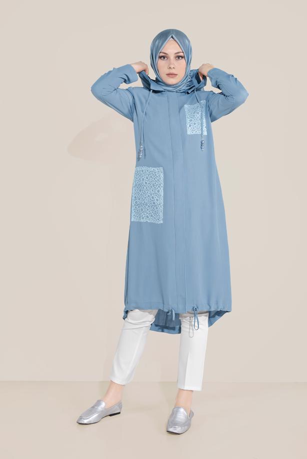 Vêtements hijab BLEU TRENCH À CAPUCHE BRODÉ 10194 - TRENDTESETTÜR