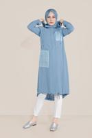 Tesettür giyim MAVİ ALVİNA CEPLERİ İŞLEMELİ KAPÜŞONLU TRENÇKOT 10194