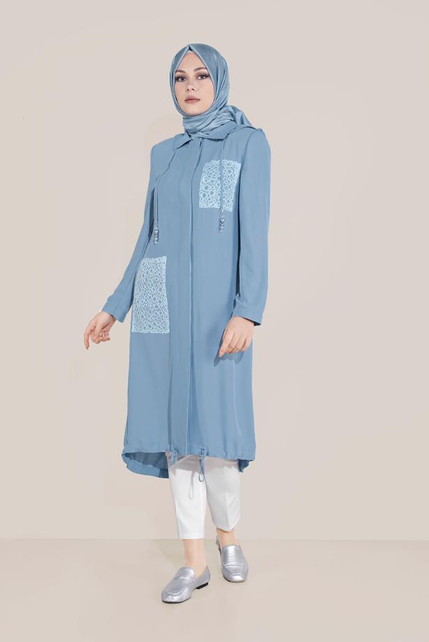 Vêtements hijab BLEU TRENCH À CAPUCHE BRODÉ 10194 - TRENDTESETTÜR