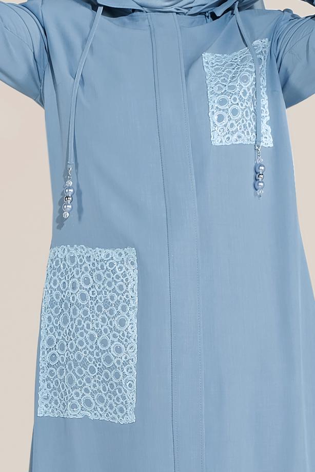 Vêtements hijab BLEU TRENCH À CAPUCHE BRODÉ 10194 - TRENDTESETTÜR