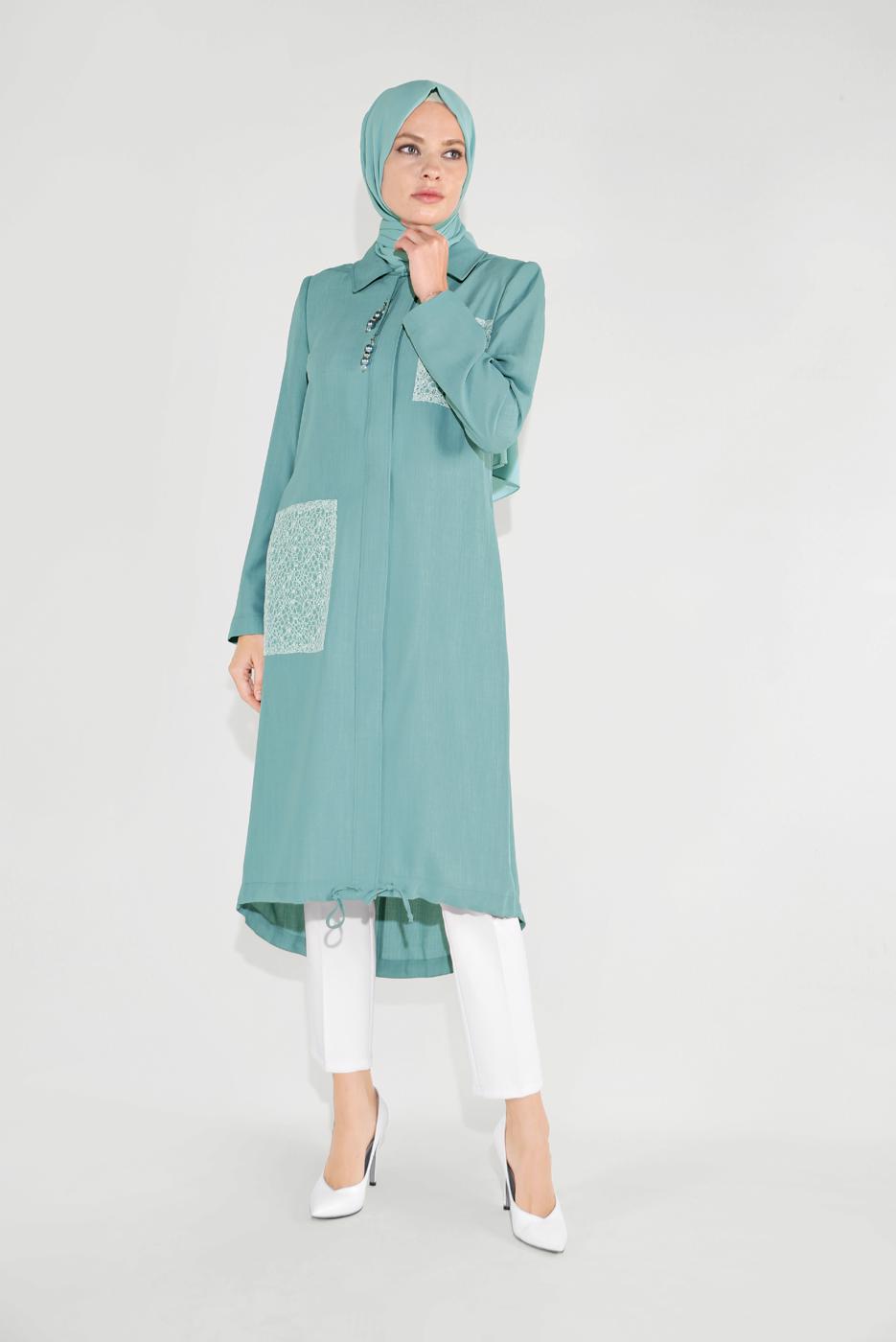 Vêtements hijab VERT TRENCH À CAPUCHE BRODÉ 10194