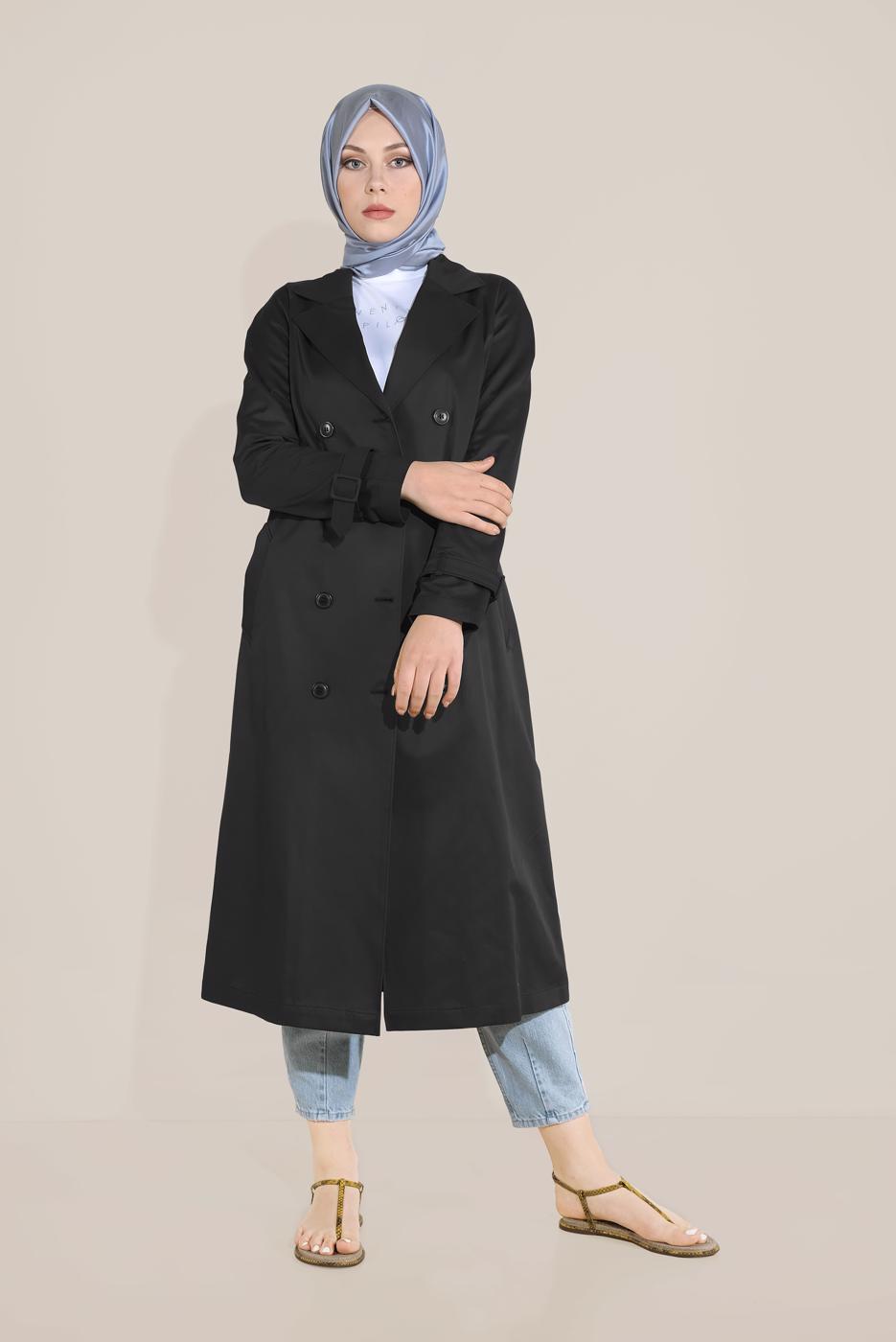 Tesettür giyim SİYAH ALVİNA KRUVAZE DÜĞMELİ TRENÇKOT 10198