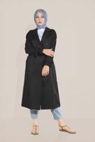 Tesettür giyim SİYAH ALVİNA KRUVAZE DÜĞMELİ TRENÇKOT 10198