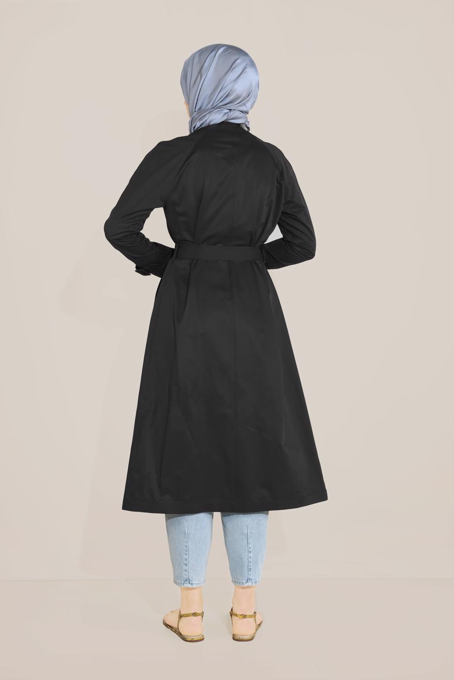 Tesettür giyim SİYAH ALVİNA KRUVAZE DÜĞMELİ TRENÇKOT 10198