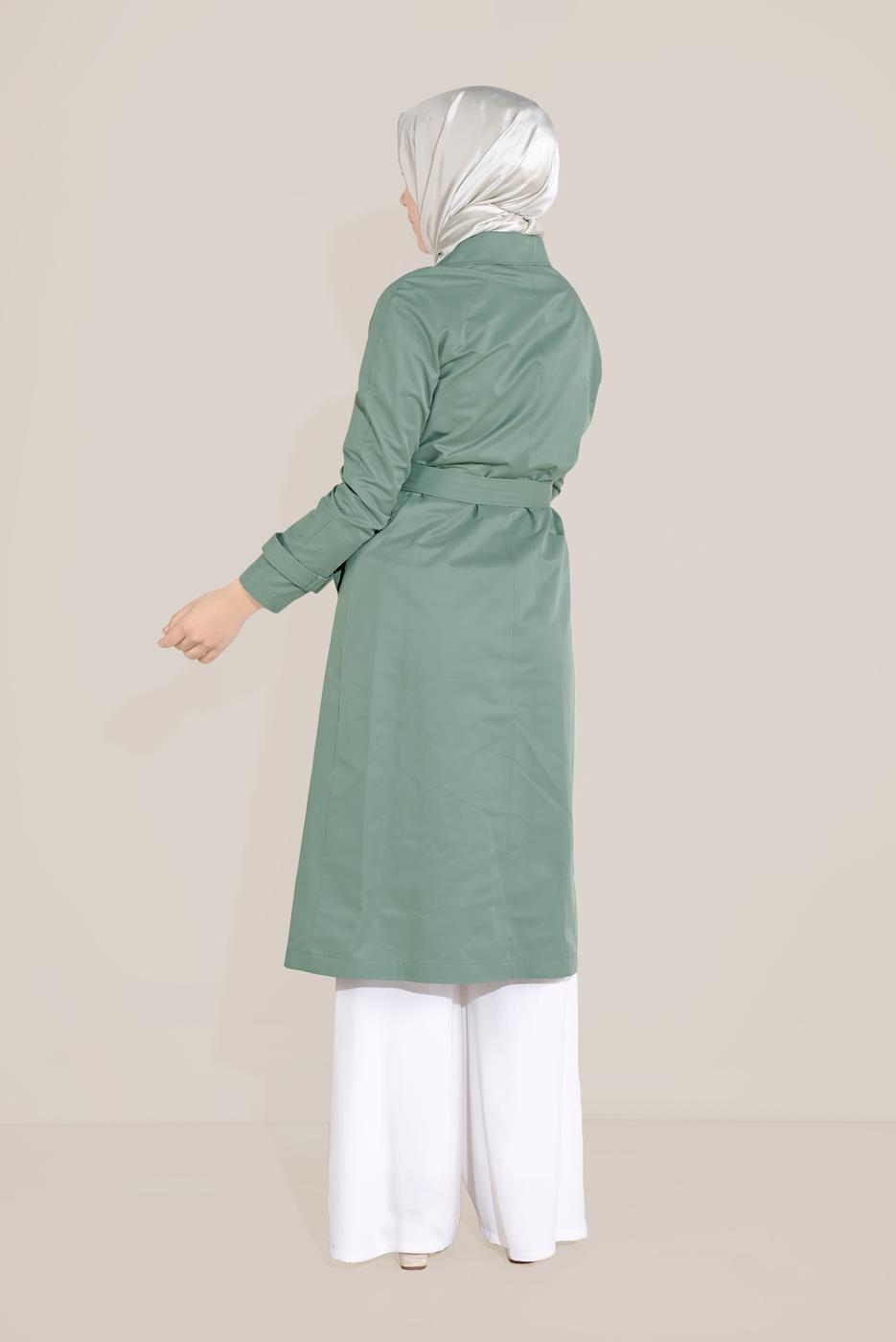 Hijab clothing GREEN DOUBLE-BREASTED BUTTONED TRENCH COAT 10198  