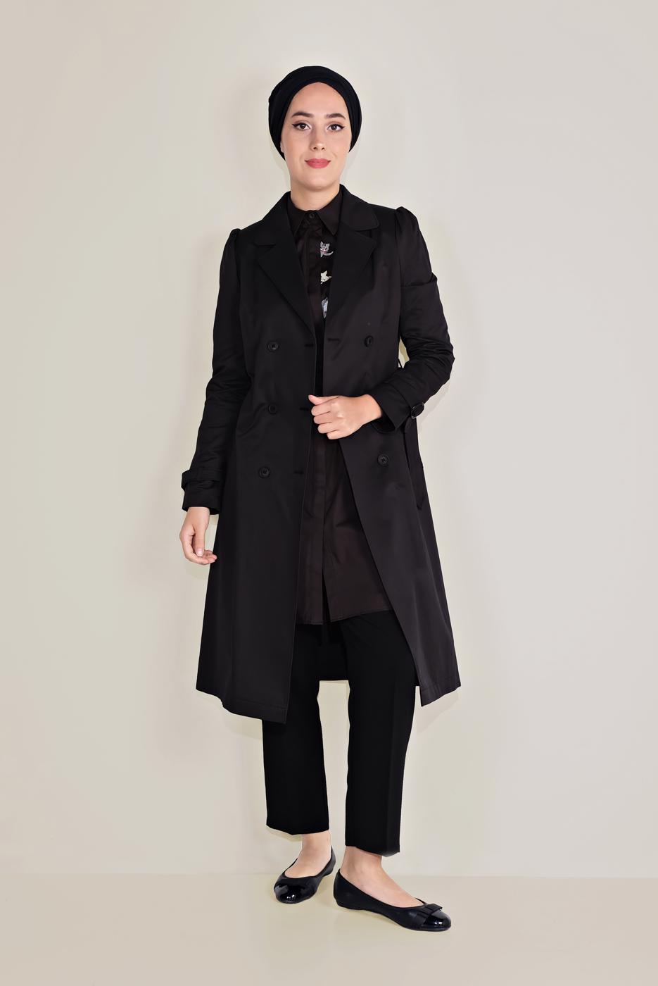 Tesettür giyim SİYAH ALVİNA ARKASI DÜĞMELİ TRENÇKOT 10220 