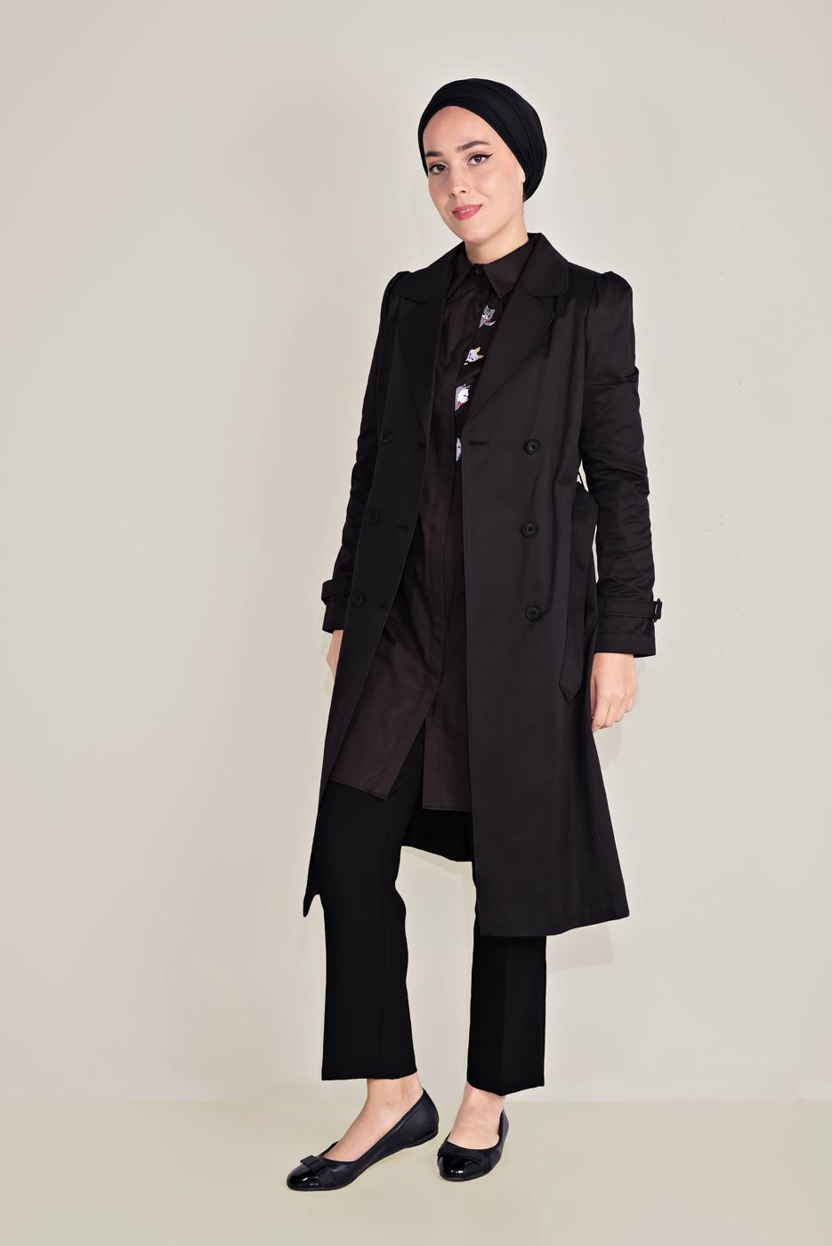 Tesettür giyim SİYAH ALVİNA ARKASI DÜĞMELİ TRENÇKOT 10220 