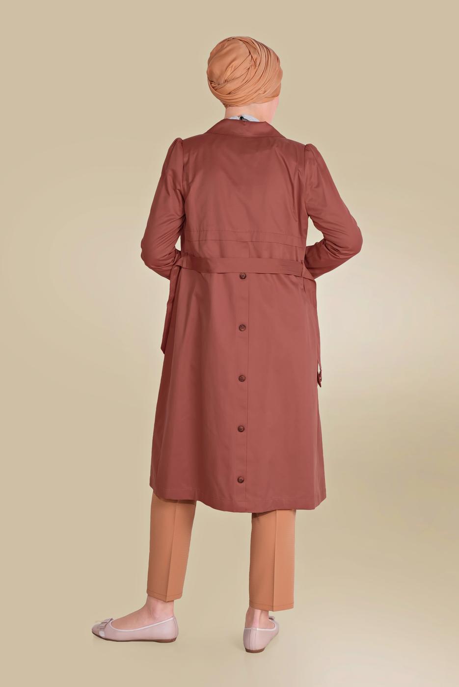 Tesettür giyim KAHVE ALVİNA ARKASI DÜĞMELİ TRENÇKOT 10220 