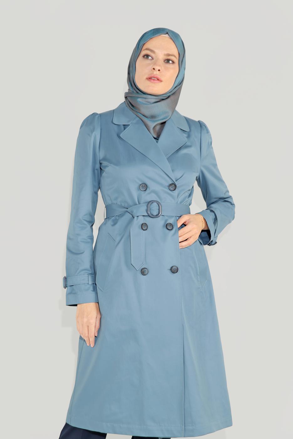 Tesettür giyim MAVİ ALVİNA ARKASI DÜĞMELİ TRENÇKOT 10220 