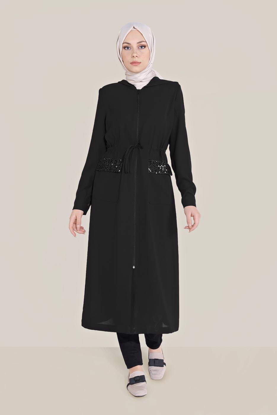 Hijab clothing BLACK ALVİNA SEQUINED POCKET DETAIL TRENCH COAT 10227  