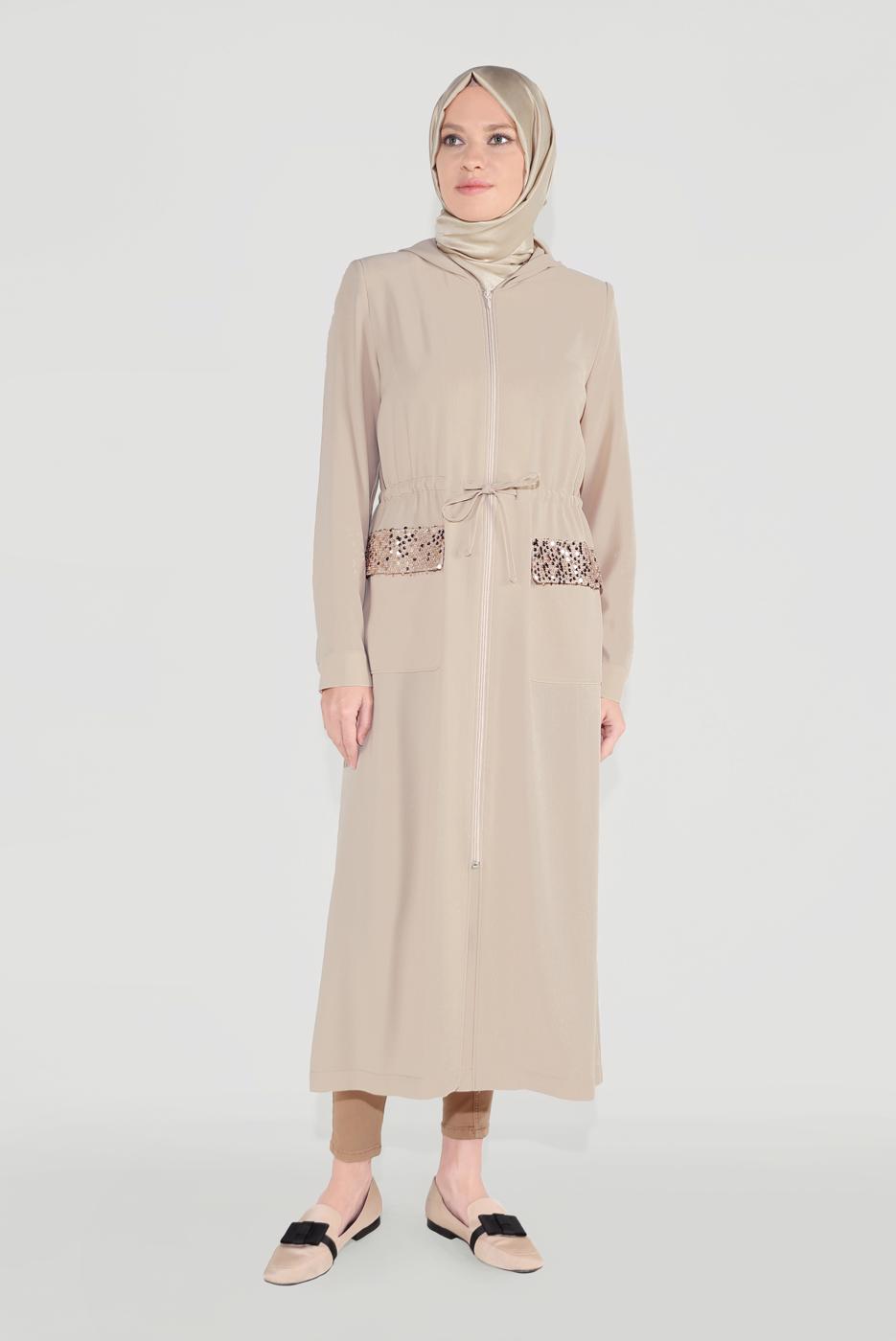 Hijab clothing BEIGE ALVİNA SEQUINED POCKET DETAIL TRENCH COAT 10227  