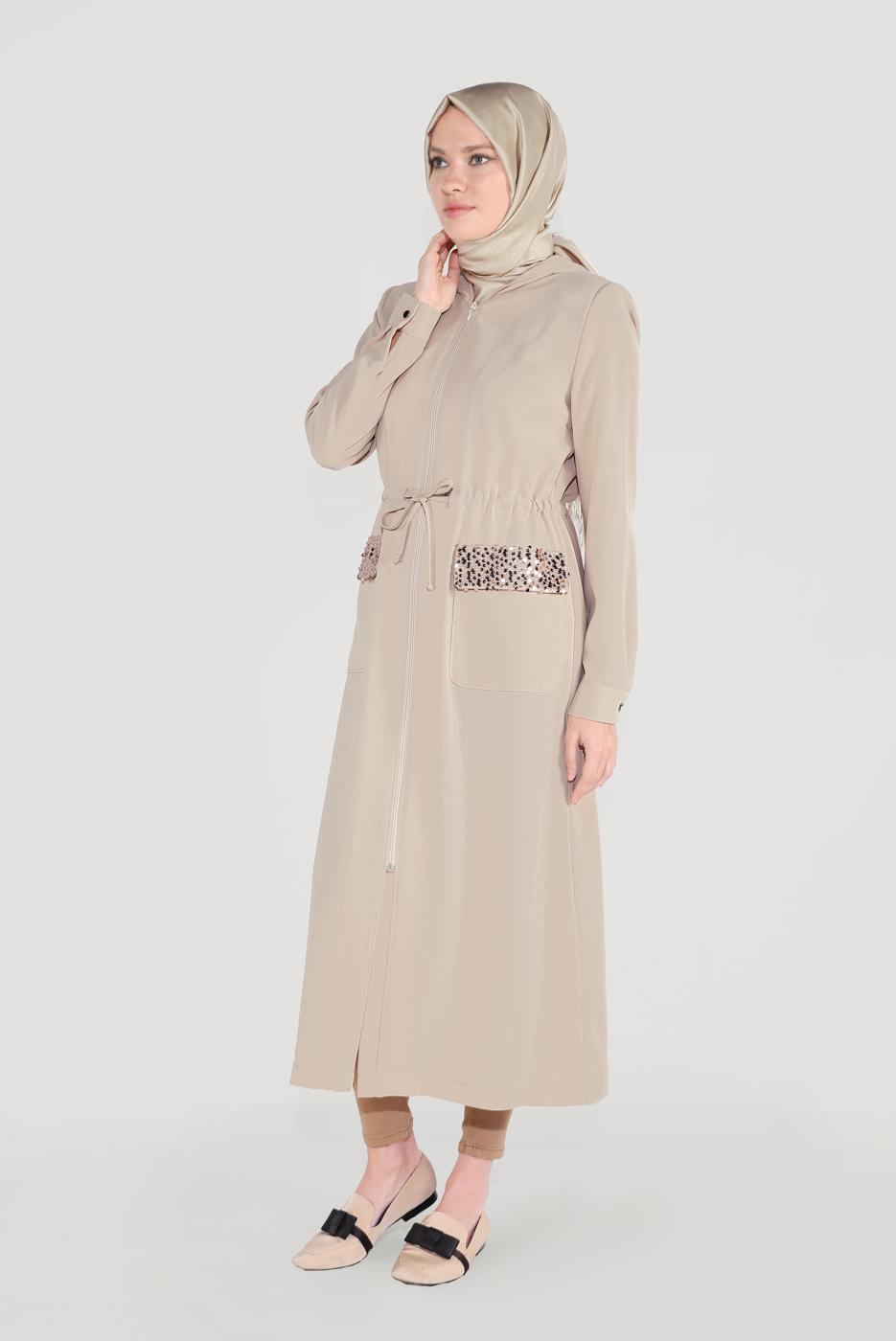 Hijab clothing BEIGE ALVİNA SEQUINED POCKET DETAIL TRENCH COAT 10227  