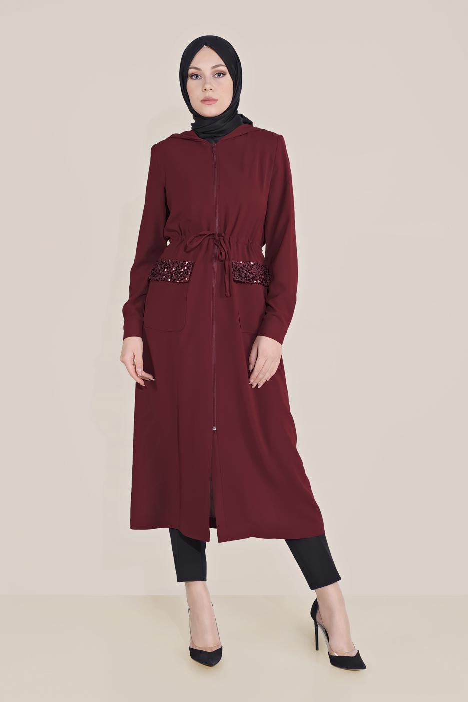 Hijab clothing CLARET RED ALVİNA SEQUINED POCKET DETAIL TRENCH COAT 10227  