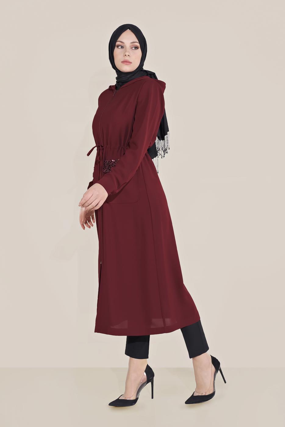 Hijab clothing CLARET RED ALVİNA SEQUINED POCKET DETAIL TRENCH COAT 10227  