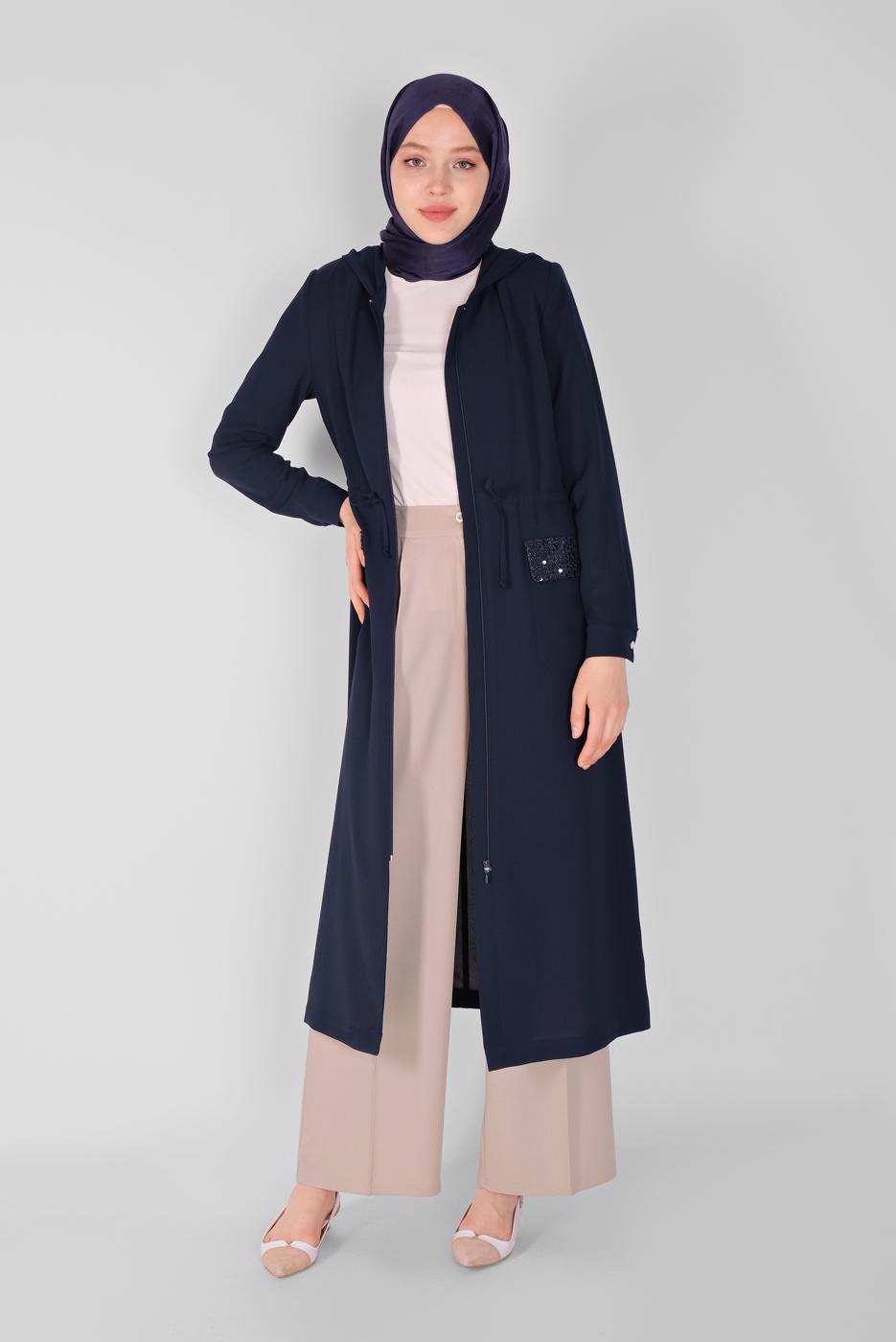 Hijab clothing NAVY BLUE ALVİNA SEQUINED POCKET DETAIL TRENCH COAT 10227  