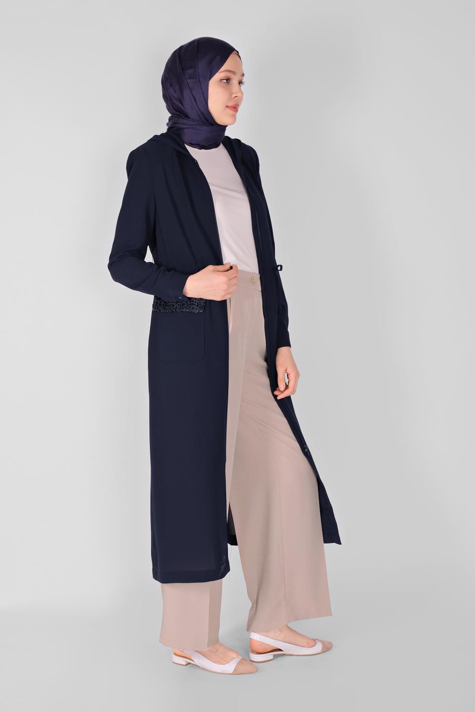 Hijab clothing NAVY BLUE ALVİNA SEQUINED POCKET DETAIL TRENCH COAT 10227  