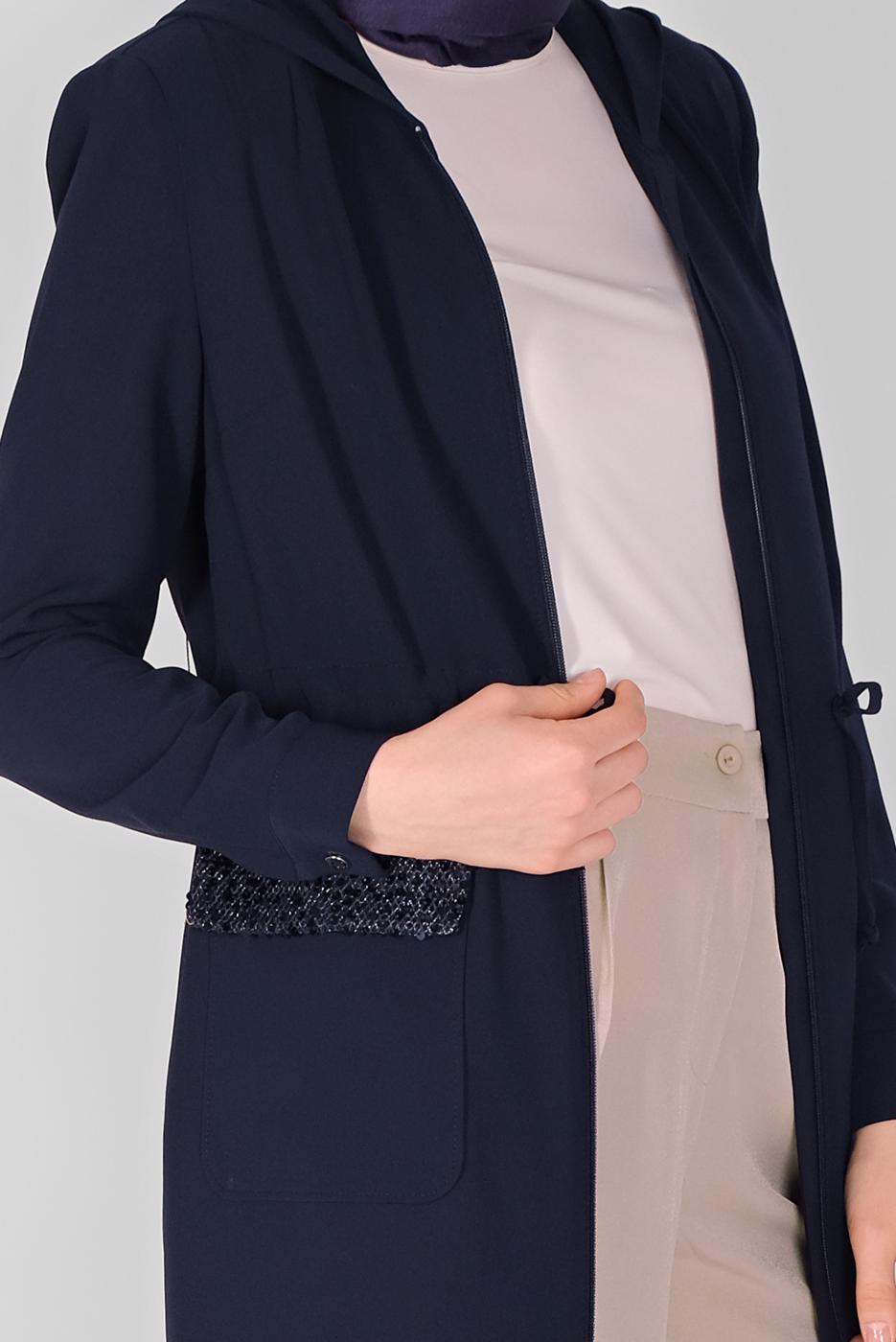 Hijab clothing NAVY BLUE ALVİNA SEQUINED POCKET DETAIL TRENCH COAT 10227  