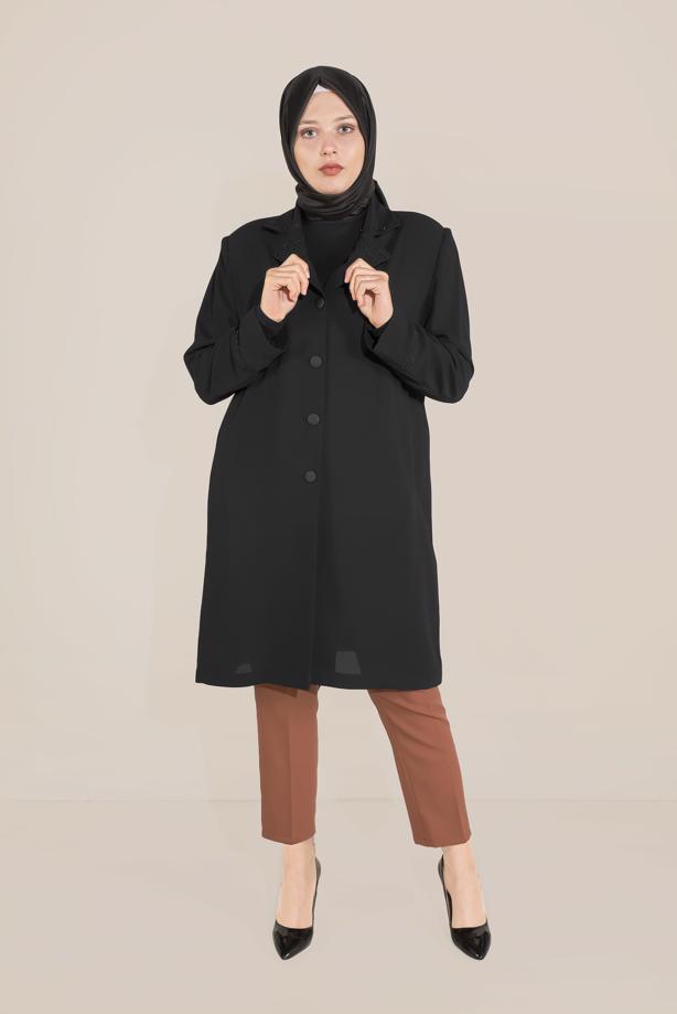 Vêtements hijab NOIR TRENCH-COAT BRODÉ MANCHES ET COL ALVINA T 10229 - TRENDTESETTÜR