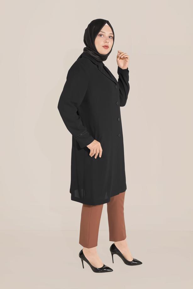 Vêtements hijab NOIR TRENCH-COAT BRODÉ MANCHES ET COL ALVINA T 10229 - TRENDTESETTÜR