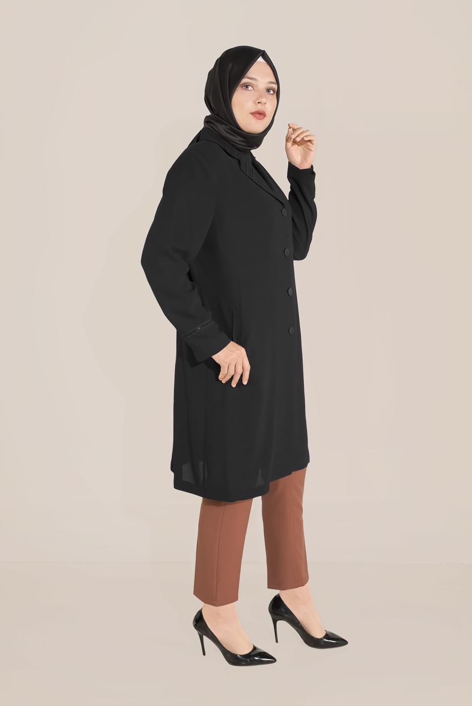 Hijab clothing BLACK ALVINA SLEEVES AND COLLAR EMBROIDERED TRENCH-COAT T 10229