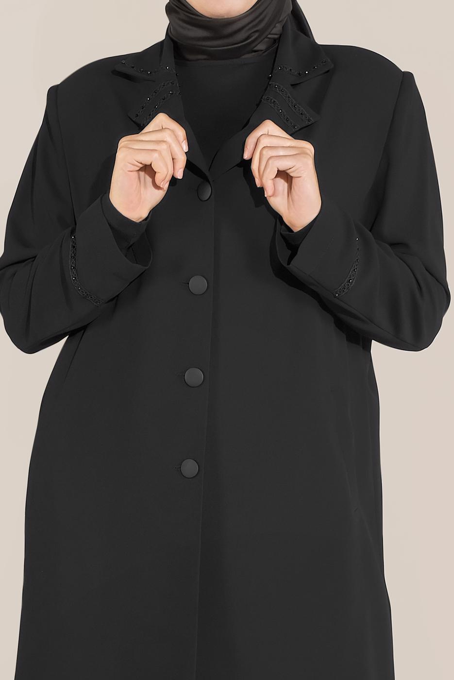 Vêtements hijab NOIR TRENCH-COAT BRODÉ MANCHES ET COL ALVINA T 10229