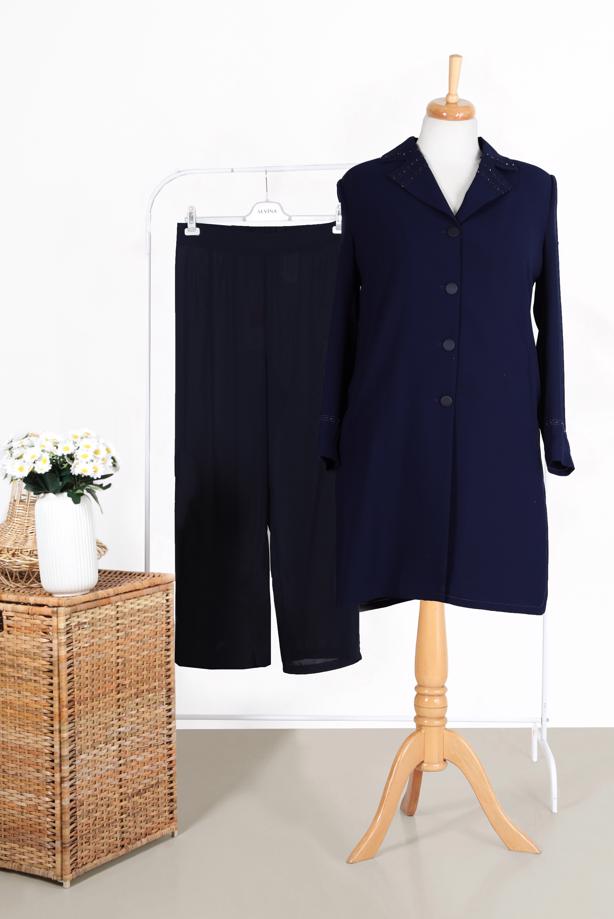 Vêtements hijab BLEU MARINE TRENCH-COAT BRODÉ MANCHES ET COL ALVINA T 10229 - TRENDTESETTÜR