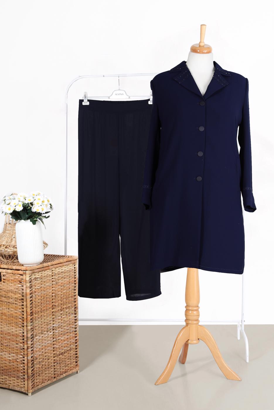 Tesettür giyim LACİVERT ALVİNA KOL VE YAKA DETAYI İŞLEMELİ TRENÇKOT 10229