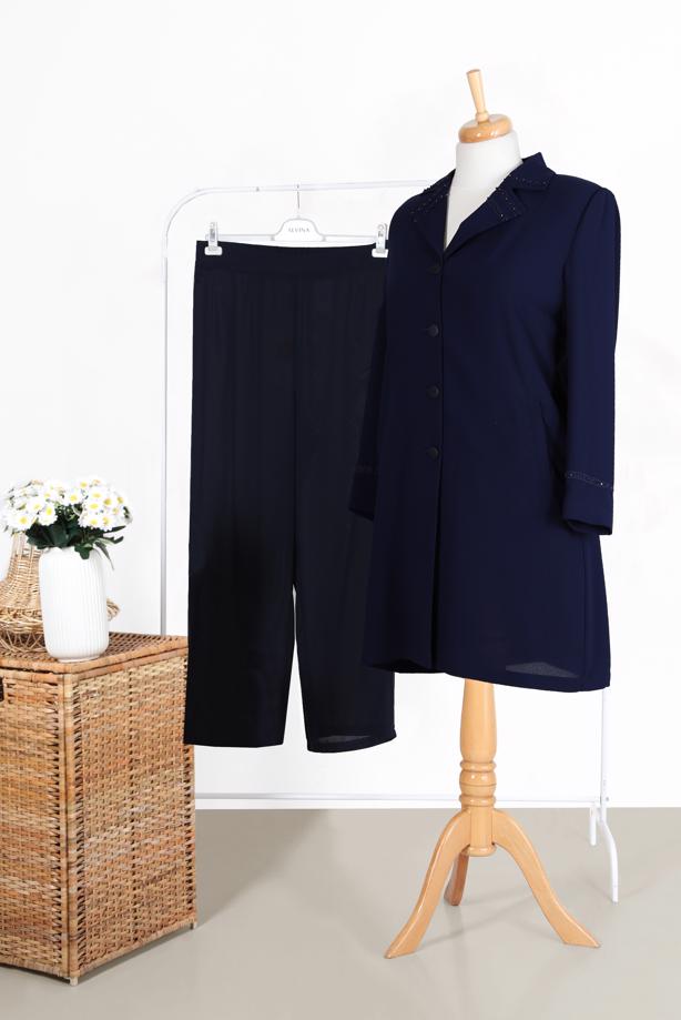 Vêtements hijab BLEU MARINE TRENCH-COAT BRODÉ MANCHES ET COL ALVINA T 10229 - TRENDTESETTÜR