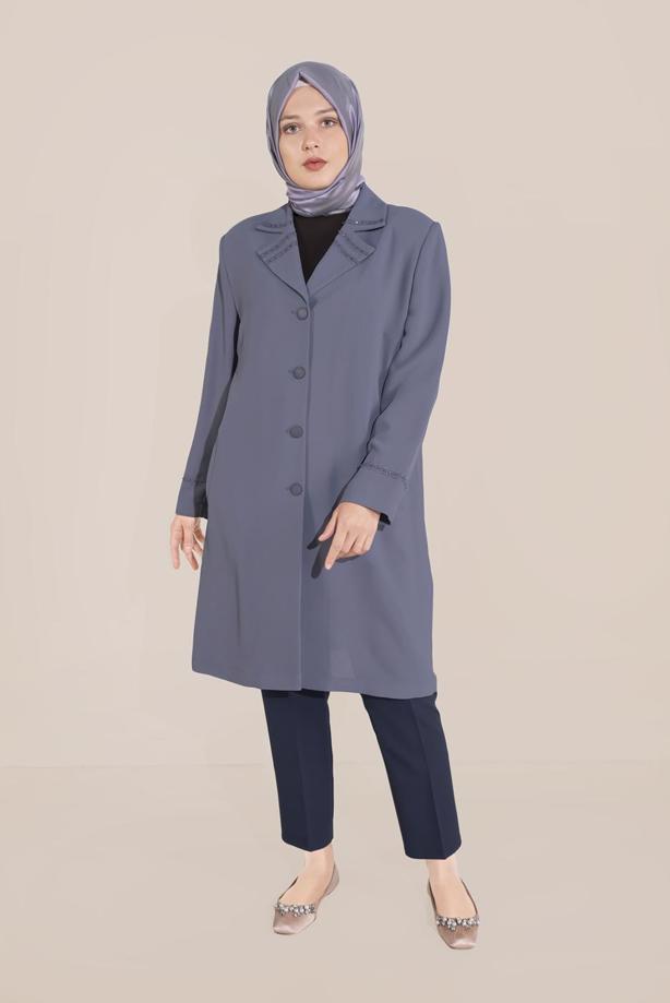 Vêtements hijab GRIS TRENCH-COAT BRODÉ MANCHES ET COL ALVINA T 10229 - TRENDTESETTÜR