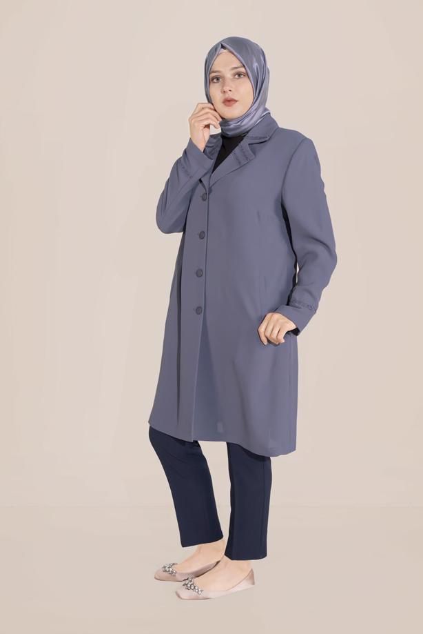 Vêtements hijab GRIS TRENCH-COAT BRODÉ MANCHES ET COL ALVINA T 10229 - TRENDTESETTÜR