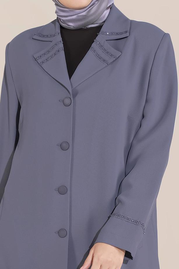 Vêtements hijab GRIS TRENCH-COAT BRODÉ MANCHES ET COL ALVINA T 10229 - TRENDTESETTÜR