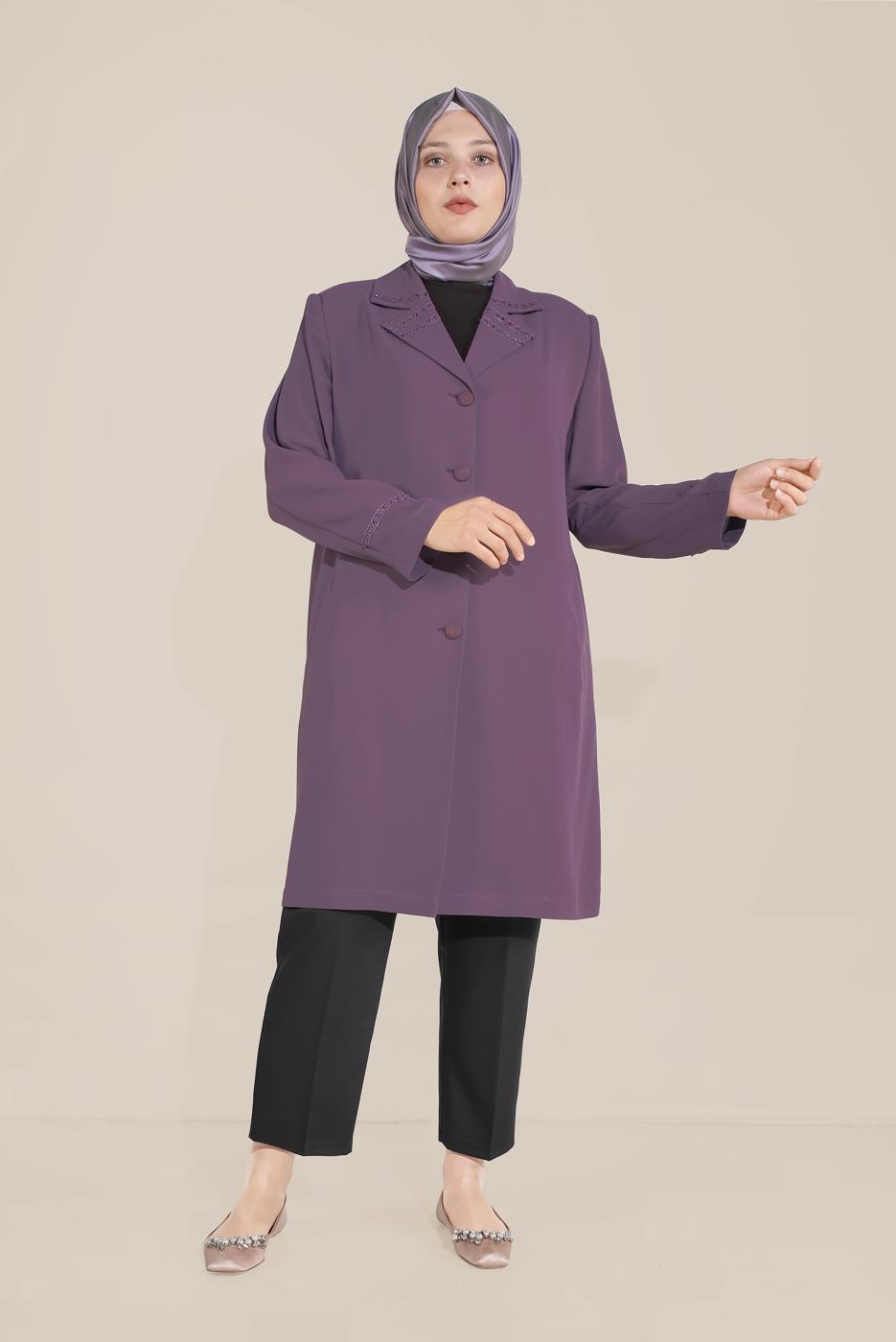 Hijab clothing PURPLE ALVINA SLEEVES AND COLLAR EMBROIDERED TRENCH-COAT T 10229