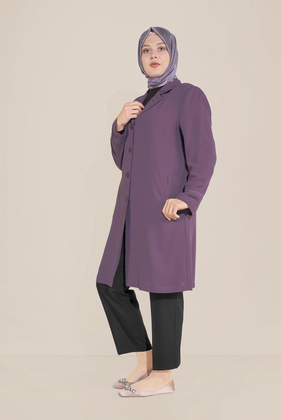 Hijab clothing PURPLE ALVINA SLEEVES AND COLLAR EMBROIDERED TRENCH-COAT T 10229