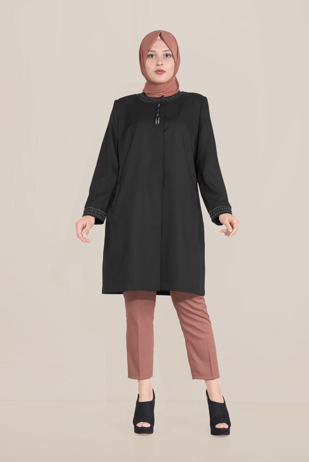 Vêtements hijab NOIR ALVİNA TRENCH COL ROND BRODÉ 10232 - TRENDTESETTÜR