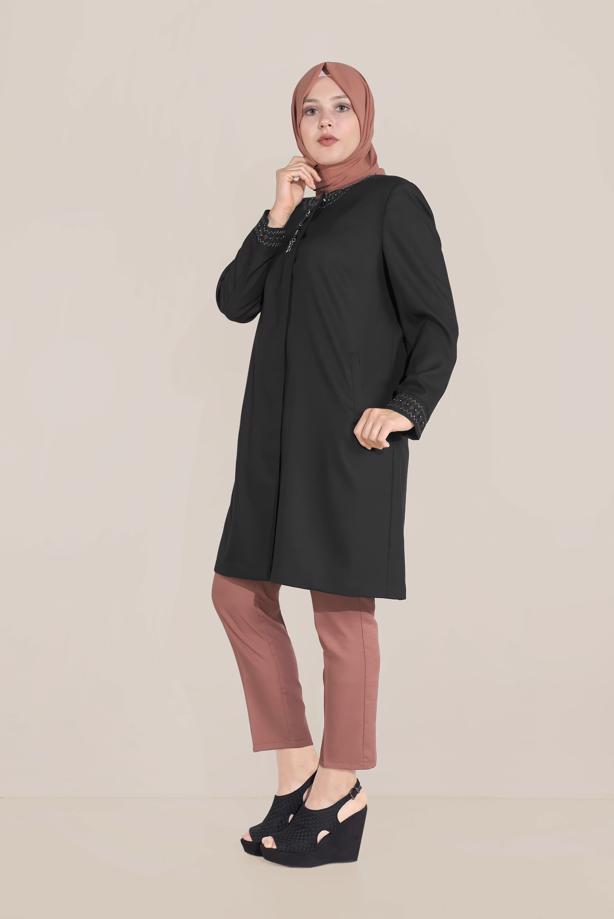 Vêtements hijab NOIR ALVİNA TRENCH COL ROND BRODÉ 10232 - TRENDTESETTÜR
