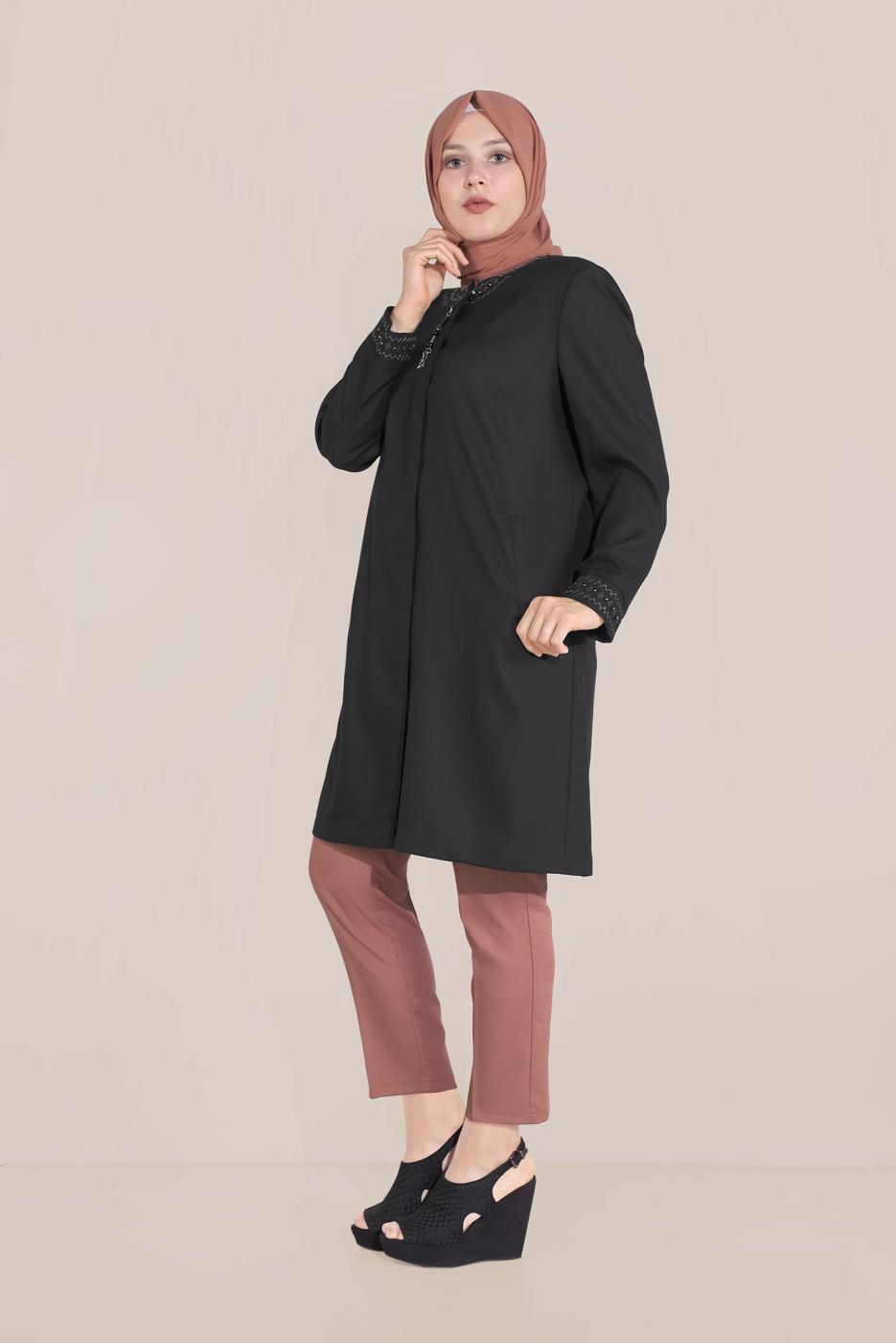 Vêtements hijab NOIR ALVİNA TRENCH COL ROND BRODÉ 10232