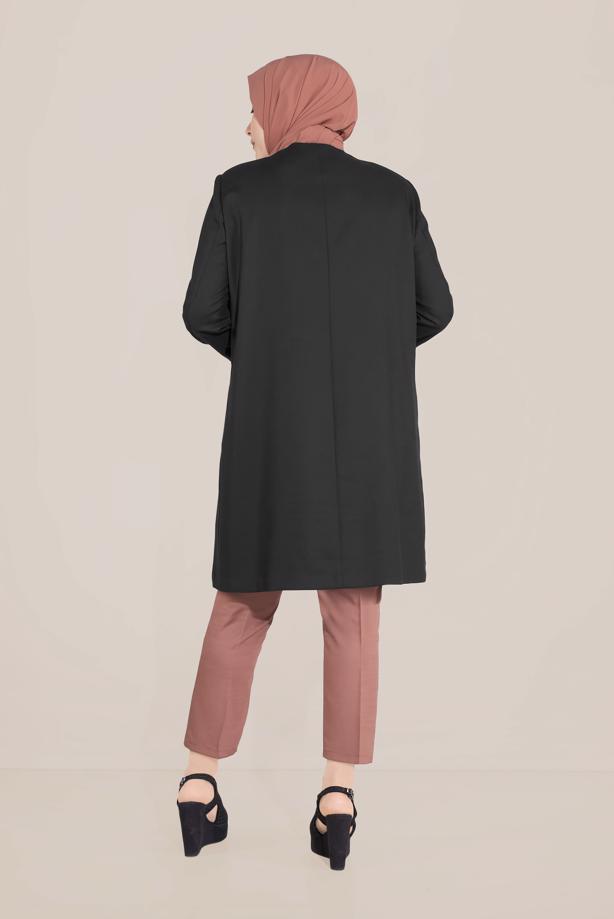 Vêtements hijab NOIR ALVİNA TRENCH COL ROND BRODÉ 10232 - TRENDTESETTÜR