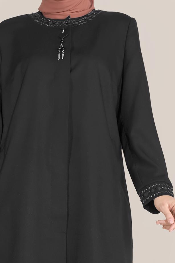 Vêtements hijab NOIR ALVİNA TRENCH COL ROND BRODÉ 10232 - TRENDTESETTÜR