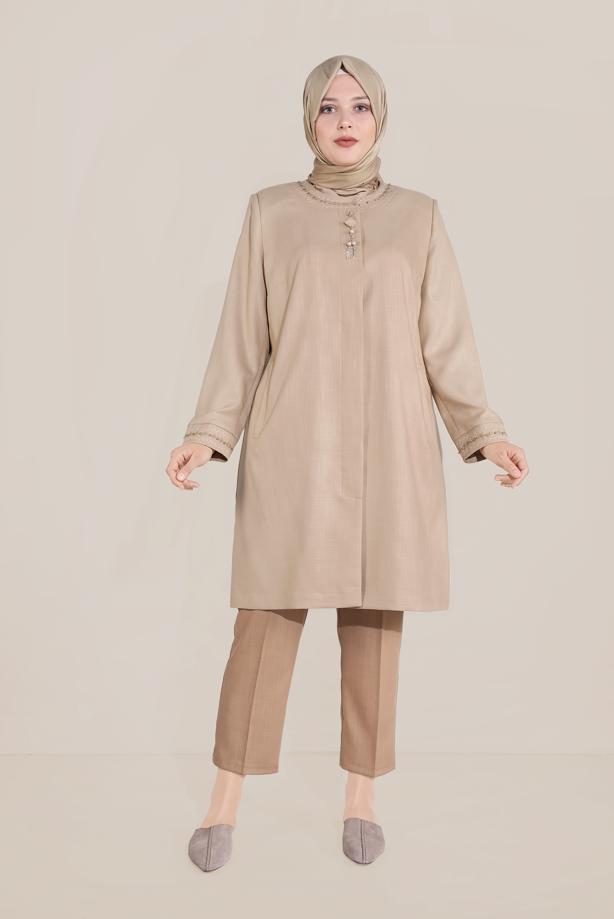 Vêtements hijab BRUN ALVİNA TRENCH COL ROND BRODÉ 10232 - TRENDTESETTÜR