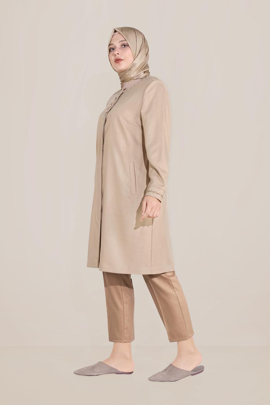 Hijab clothing BROWN ALVİNA  EMBROIDERED CREW-NECK TRENCH-COAT 10232 