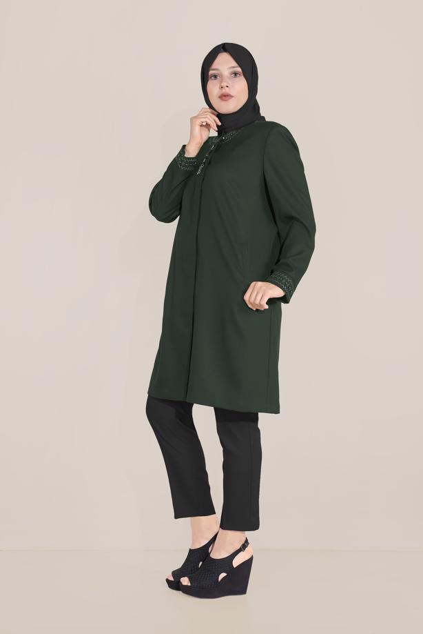 Vêtements hijab KAKI ALVİNA TRENCH COL ROND BRODÉ 10232 - TRENDTESETTÜR