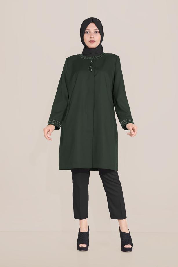 Vêtements hijab KAKI ALVİNA TRENCH COL ROND BRODÉ 10232 - TRENDTESETTÜR