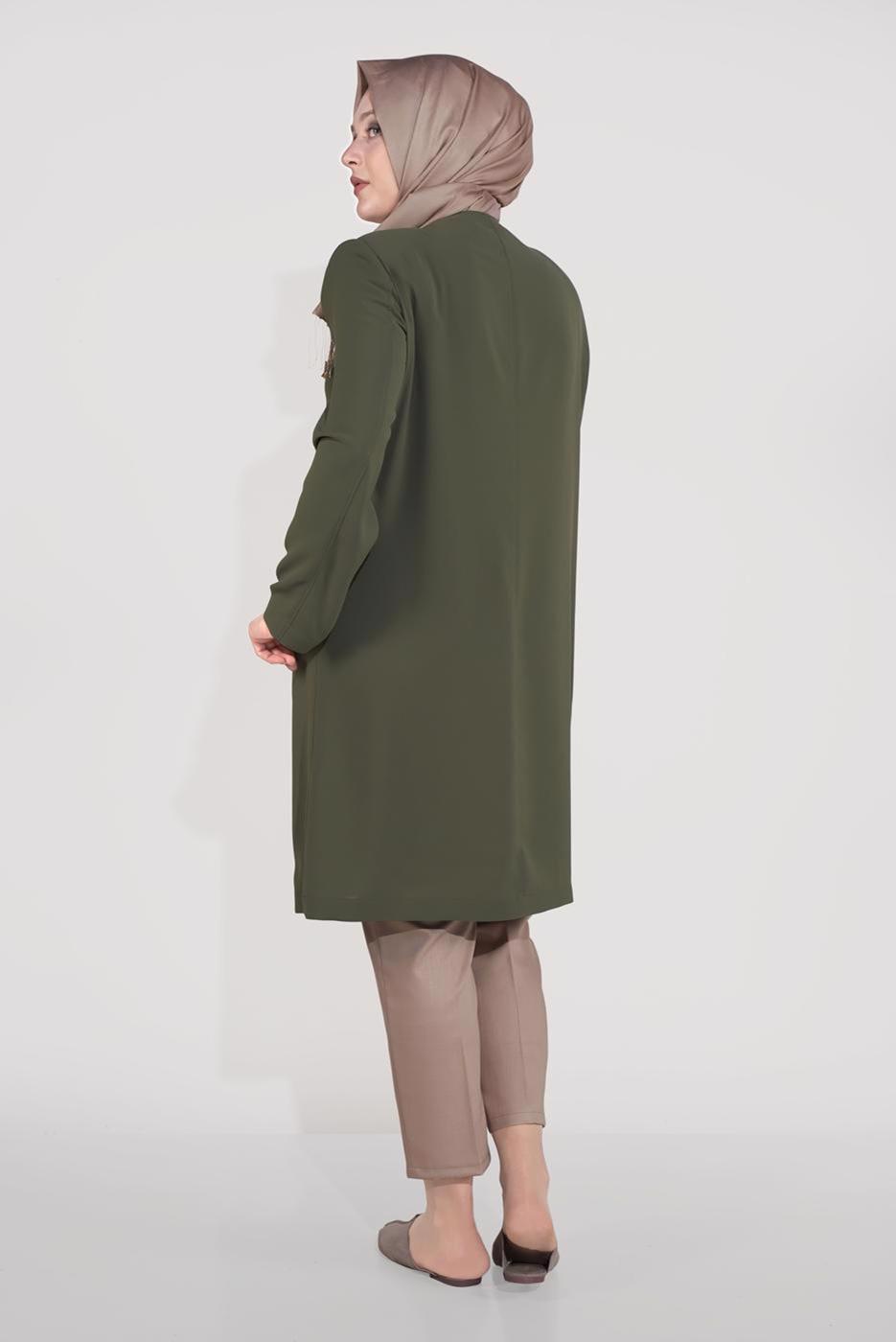 Vêtements hijab KAKI ALVİNA TRENCH-COAT BOUTONNÉ AVEC DÉTAIL DE BRODERIE T 10234