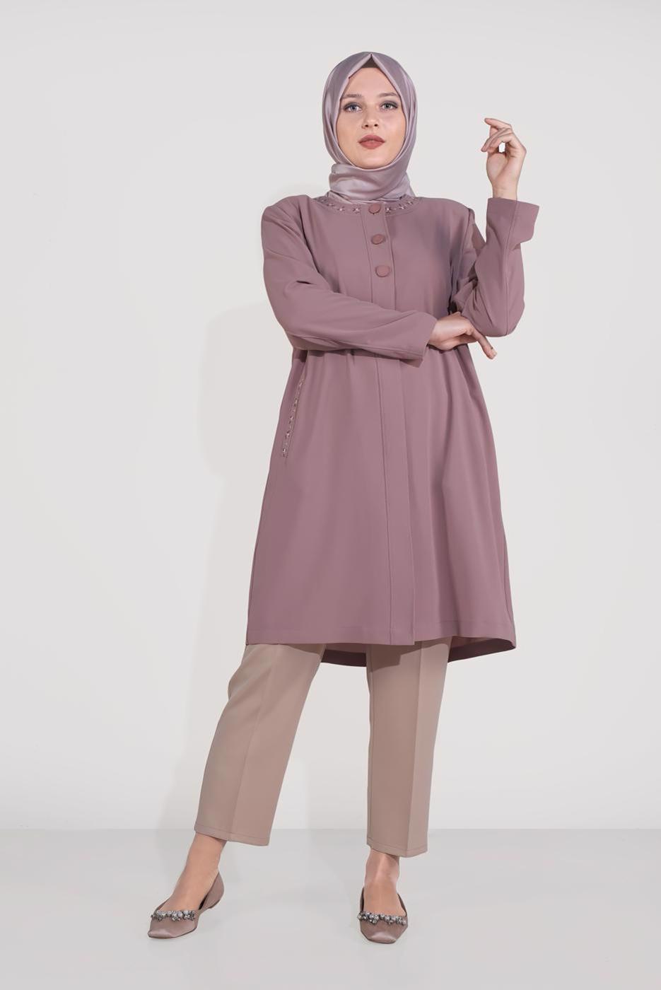 Vêtements hijab POUDRE ALVİNA TRENCH-COAT BOUTONNÉ AVEC DÉTAIL DE BRODERIE T 10234
